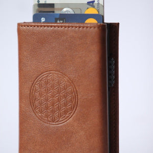 Premium Credit Card Holder RFID Leather Wallet Flower of Life Brown -